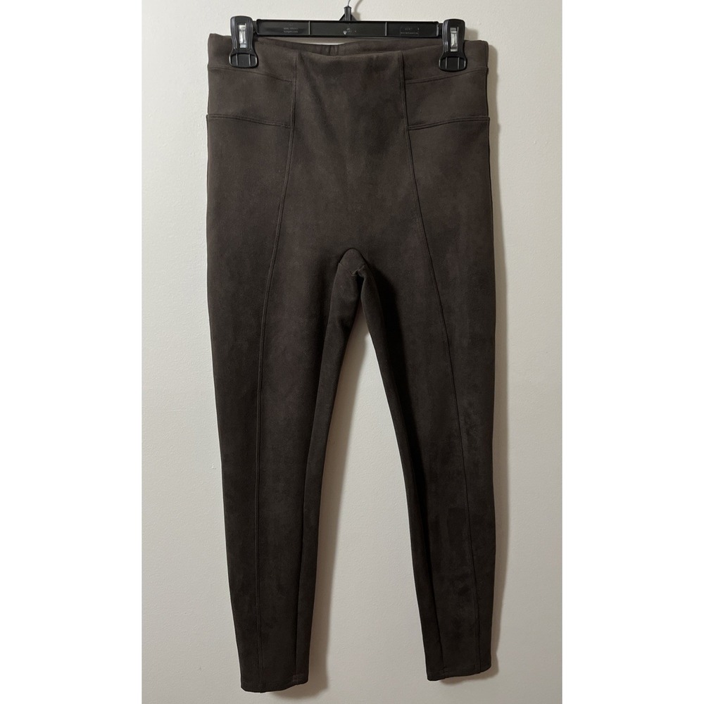 SPANX Faux Suede M Chocolate Brown Leggings Front Seam Soft Classy Chic